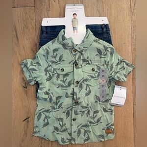 Koala Kids Toddler Boy Hawaiian Green Shirt Short Jean Set 2 piece Button Up 3T